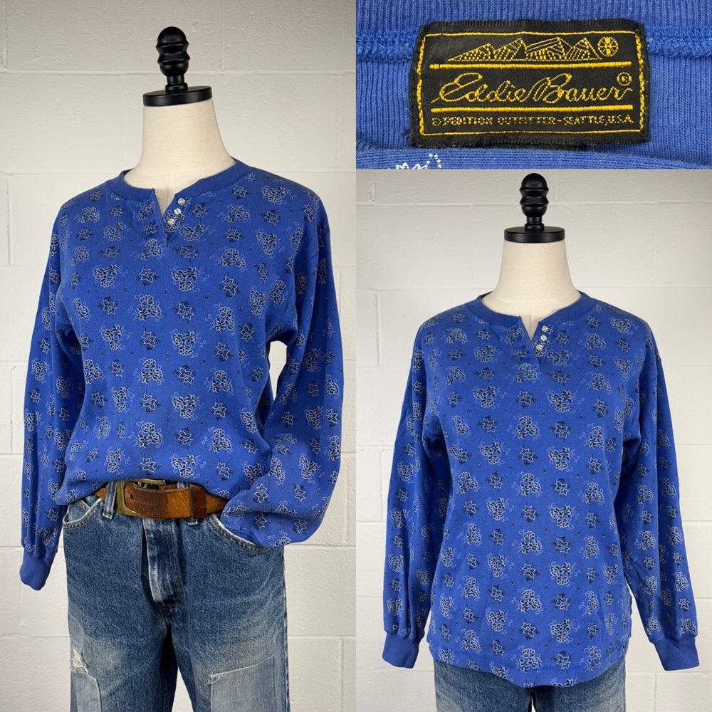 Vintage 90s Eddie Bauer Blue Black Hanky Floral Henley Shirt Cotton Thermal M